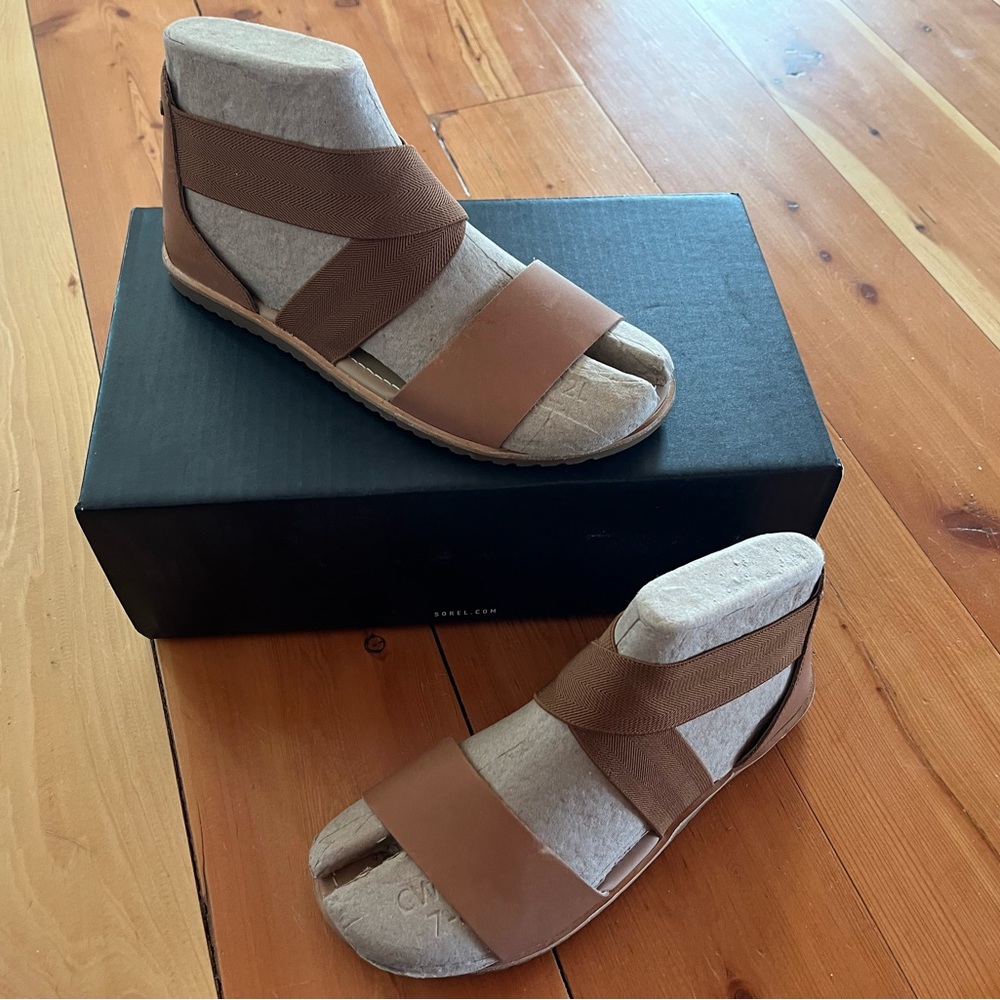 Sorel Brown Leather & Elastic Ankle Strap Sandals